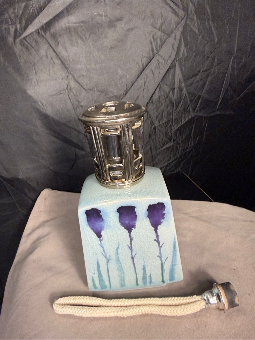 Ceramic Fragrance Lamp with Light Blue Botanical Design vintage